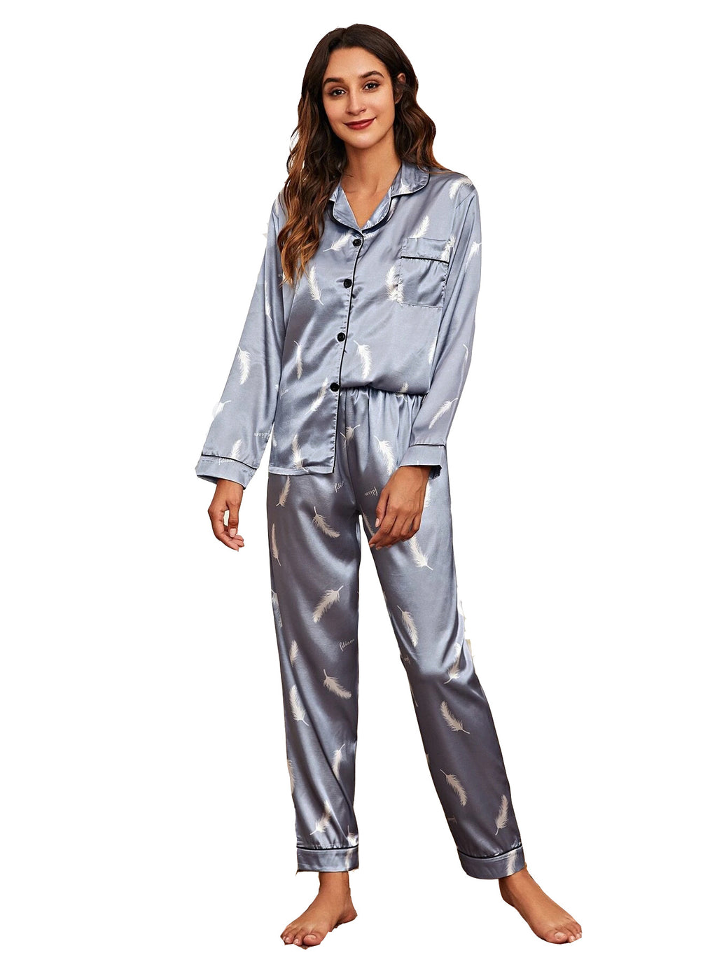 Womens New Arrival Homewear Pajamas Suit Pijamas Sexy Long Sleeve Silk Satin Pajama