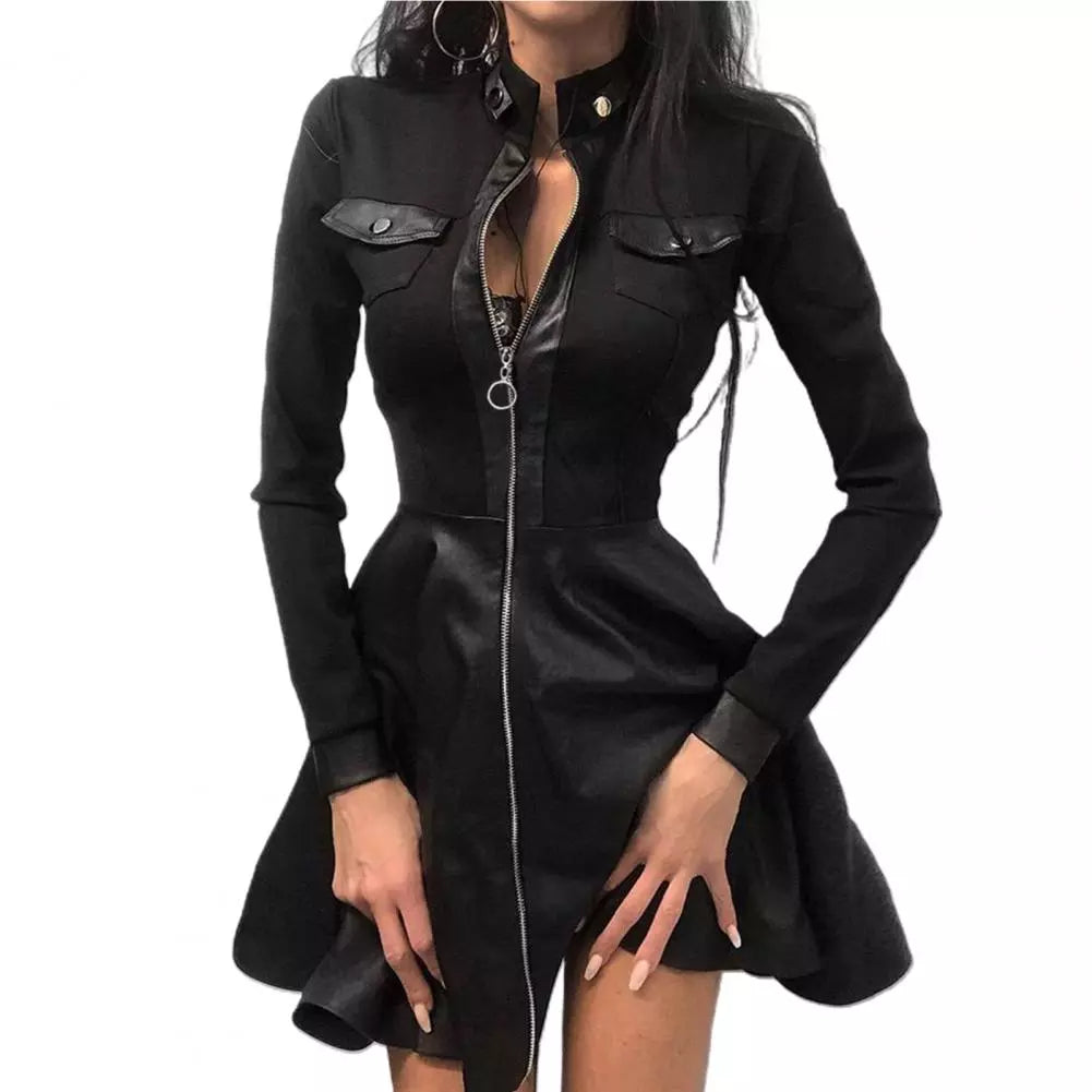 Fashion Dresses Women Lace Long Sleeve Zipper Pocket Large Hem Faux Leather Mini Dress Party Elegant Slim Sexy Women Dress