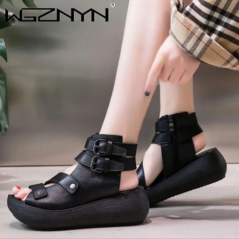 Women Summer Sandals Mid Heels Wedges Shoes Ladies Vintage  Leather Plus Size Sandalias Mujer Sapato Feminino Sandal Platform