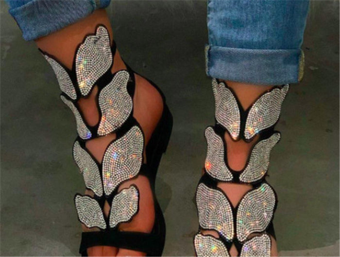 Fashion Women Summer Rhinestone Bowknot Sandal Hollow Flat Open Toe Women's Roman Sandals