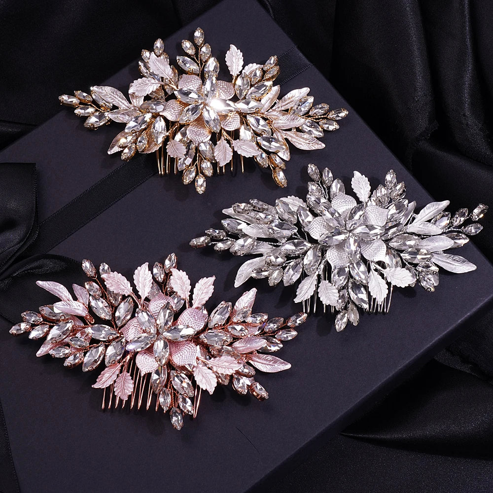 Luxury Gold Rhinestones Leaf Flower Hair Comb Bridal Pearl Hair Accessories for Women