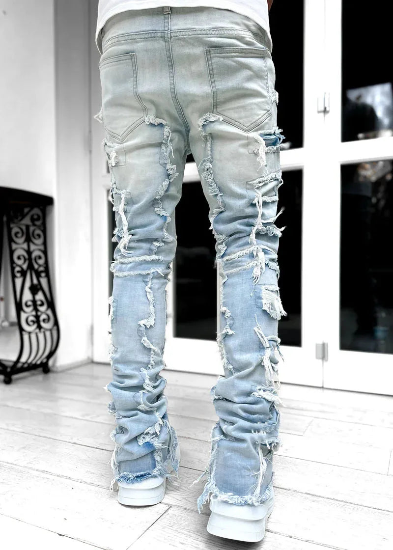 Designer Patch Stretch Stacked Jeans Men Man Jean Trouser Mens in Bulk Wholesale Ripped Jeans