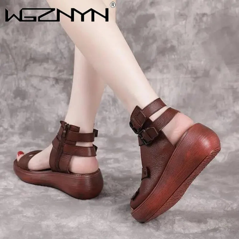 Women Summer Sandals Mid Heels Wedges Shoes Ladies Vintage  Leather Plus Size Sandalias Mujer Sapato Feminino Sandal Platform
