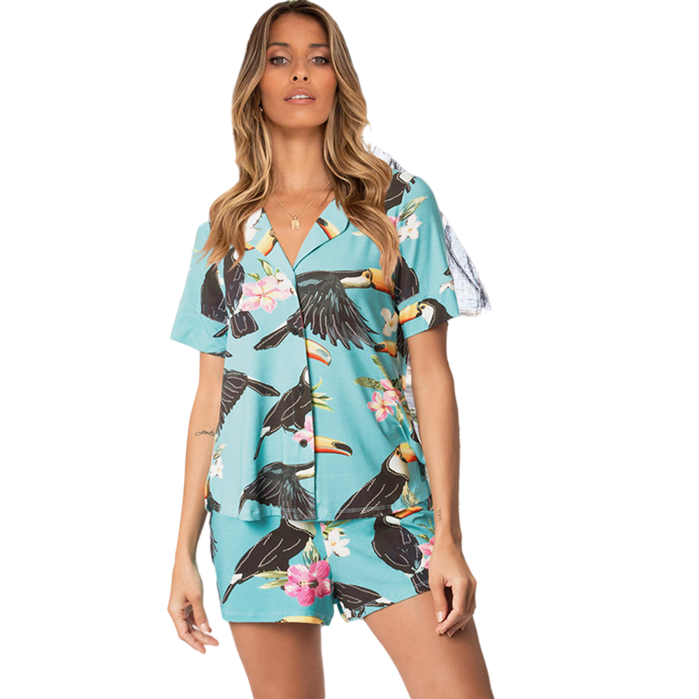 Wholesale Satin Pajamas Summer Print Casual Two Piece Night Pajama Suit Silk Sleep Wear Pajama for Women