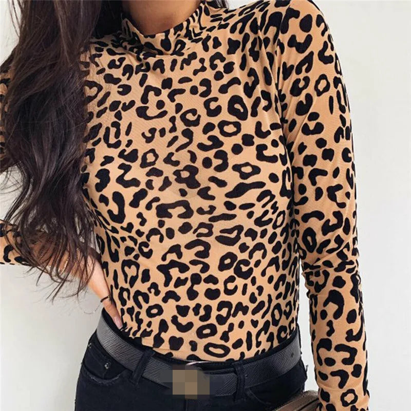 Women Blouses Fashion Leopard Print Turtle Neck Blouse Autumn Long Sleeve Shirts Party Ladies Clothes Womens Blouses and Tops
