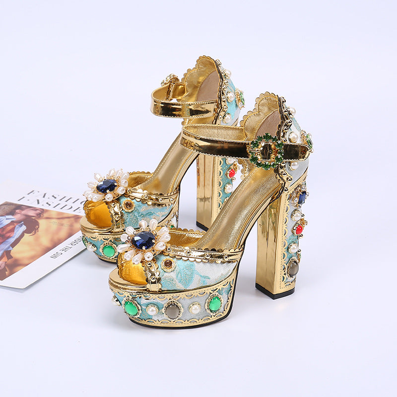 Diamond Women Heels Gold Genuine Leather Sandals Block Heel Shoes Luxury Brand
