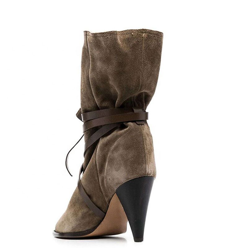 Top Quality Soft Suede Ankle Short Boots Ladies Daily Shoes Spike High Heels Women's Boots Cross Ropes Pointy Toe Booty