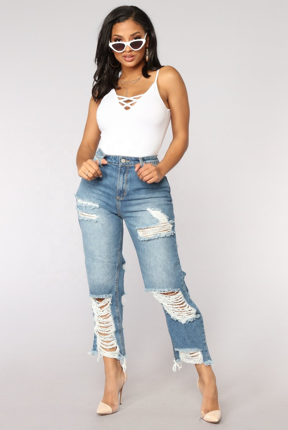 Versatile Wide Leg High Quality Jeans Pants Trousers Drawstring Blue Jean Pants for Women Destroyed Ripped Casual Jean Pants