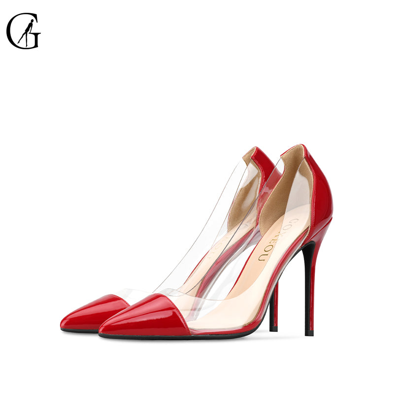 Goxeou Women Fashion High Heels Pumps Transparent Side Straight Heel Thin Heels Pointed Red Black White Nude Factory Price Fast