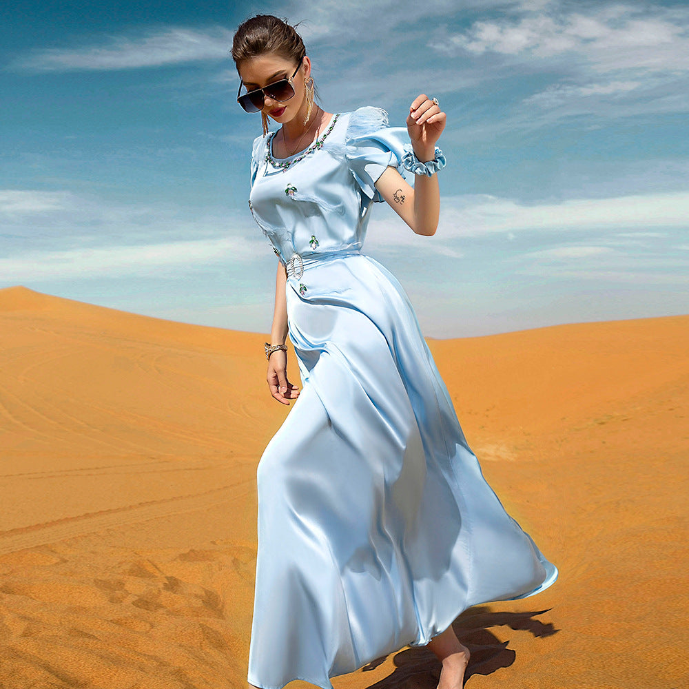 Sky Blue Slim Satin Short Sleeve Abaya Dresses of Evening Dress Pattern for Wedding - My Store