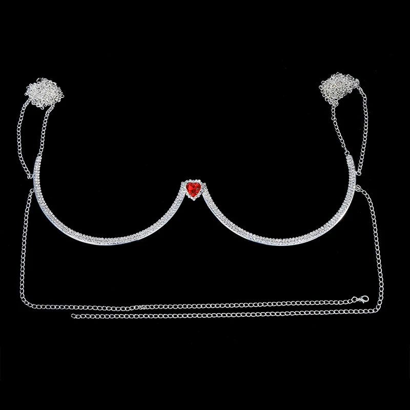 Stonefans Red Heart Bra Chain Body Jewelry Women Crystal Bracket Chest Beach Underwear Jewellery Dance Jewelry Bodysuit Clothes