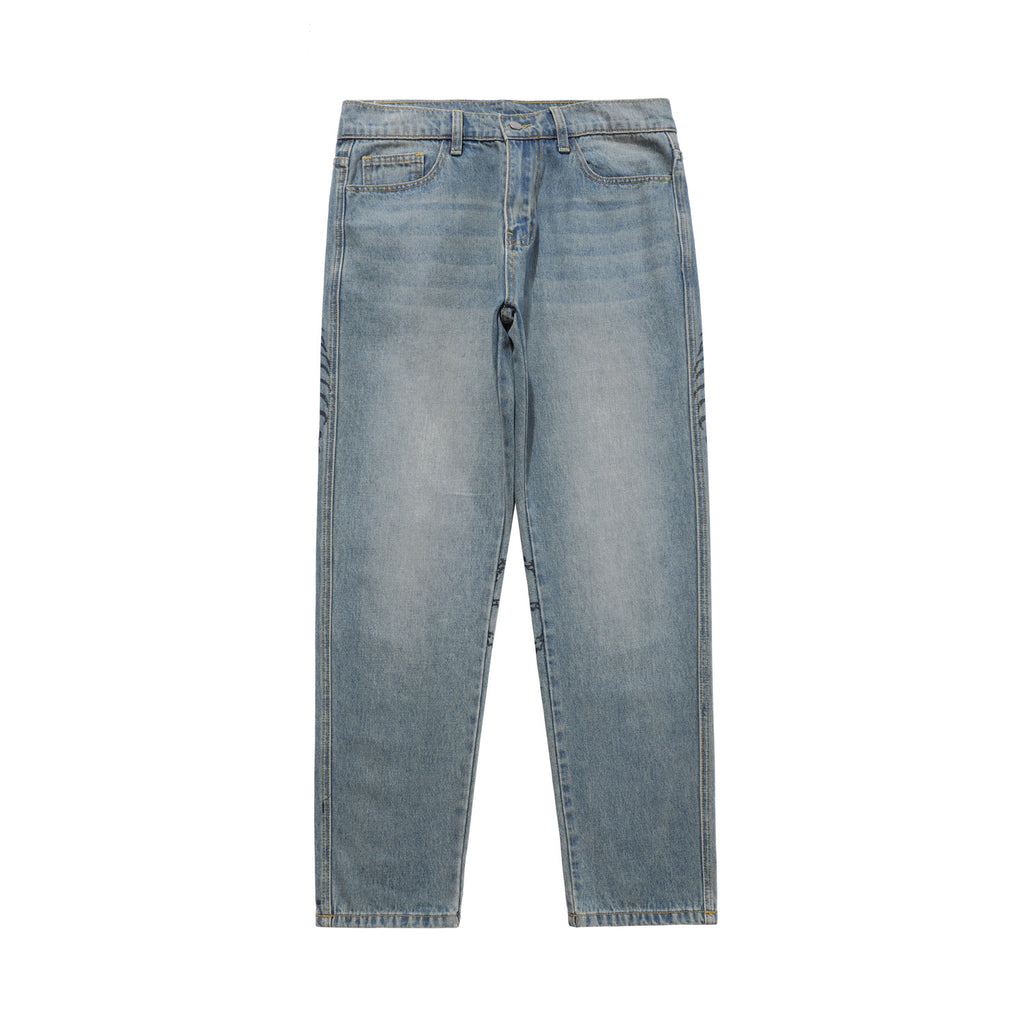 Retro Male High Street Stacked Jeans Retro  Blue Baggy Jeans Popular  Printing Wash  Designer Jean
