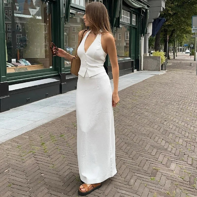 RedPeony Female Split Bodycon Skirts Suit Women Backless Slim Waistcoat Split Skirts Sets  Sexy Tank Top Skirt Sets