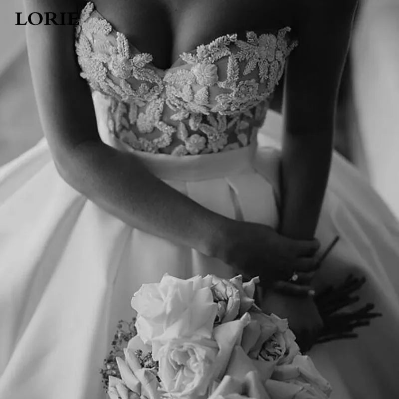 LORIE Princess Wedding Dresses Satin Sweetheart Lace Wedding Bridal Gowns Long Train Ivory Wedding Ball Gown - My Store