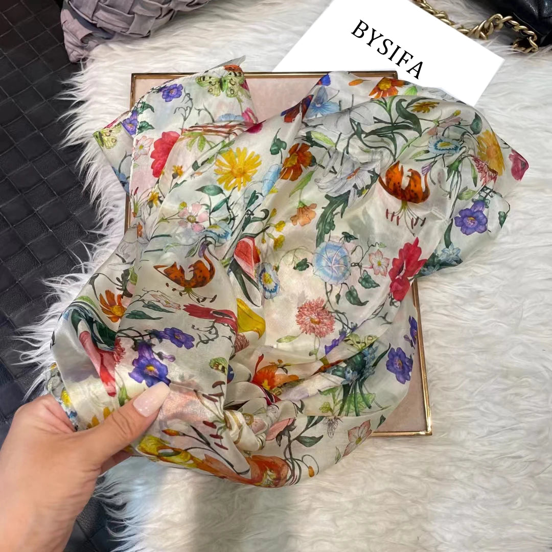 White100% Silk Scarf Women Scarves Bufandas Summer Beach Shawls Foulard Fall Winter Brand Flower Design Long Neck Scarves Hijabs