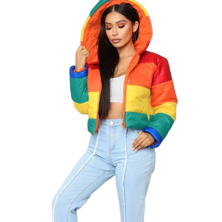 Winter  Women Fashion Rainbow Winter Hoodie Coats Short Puffer Bubble Jacket Women Coats Bubble Coat Puff Jacket