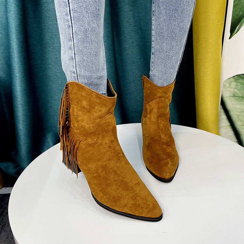 Factory Cheap High Quality Heel Boots Suede Women Ankle Boot Shoes Fringe Women Boots