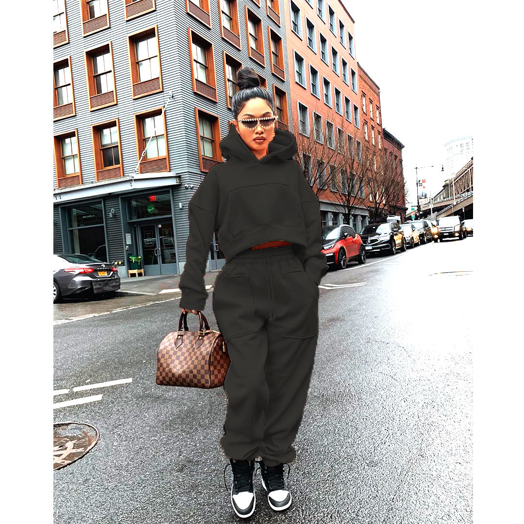 S - 3XL INS Fashion Winter Hoodies Two Piece Tracksuit Casual Womens Fleece Hoodie and Jogger Set - My Store