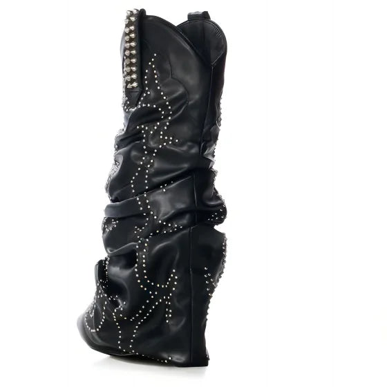 Cowgirl Women Knee High Boots Leather Thick Heel Women Western Boot Support OEM/DOM Fashion Black PU Winter Boots Rubber Solid