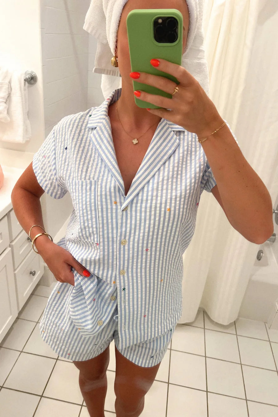 New Design Seersucker Hearts Striped Lounge Clothes Casual Suit Pajamas Loungewear Women Pajama Set