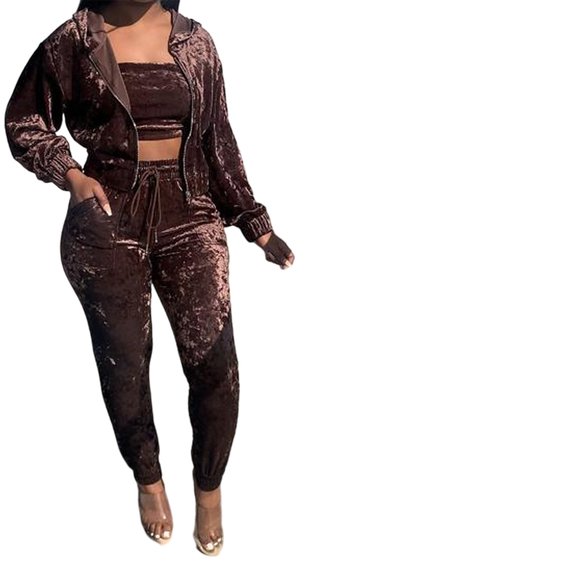 Wholesale Velvet Three Piece Activewear Jogger Pants Set Velour Sweatsuit Jogging Set for Women Zipper Hoodie 3 Piece Sets