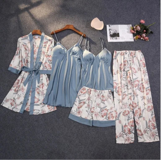Matching 5 Piece Lace Silk Pajama Short Set Sexy Pajamas for Women