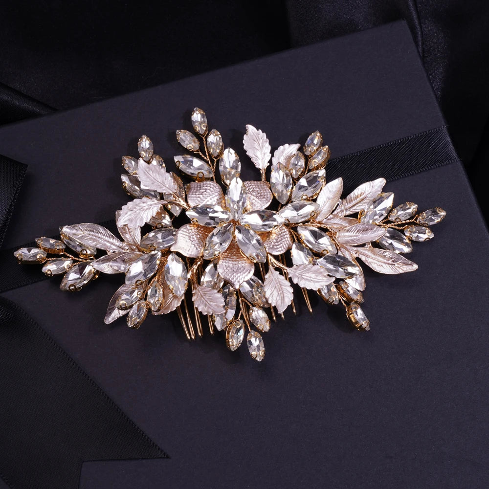 Luxury Gold Rhinestones Leaf Flower Hair Comb Bridal Pearl Hair Accessories for Women