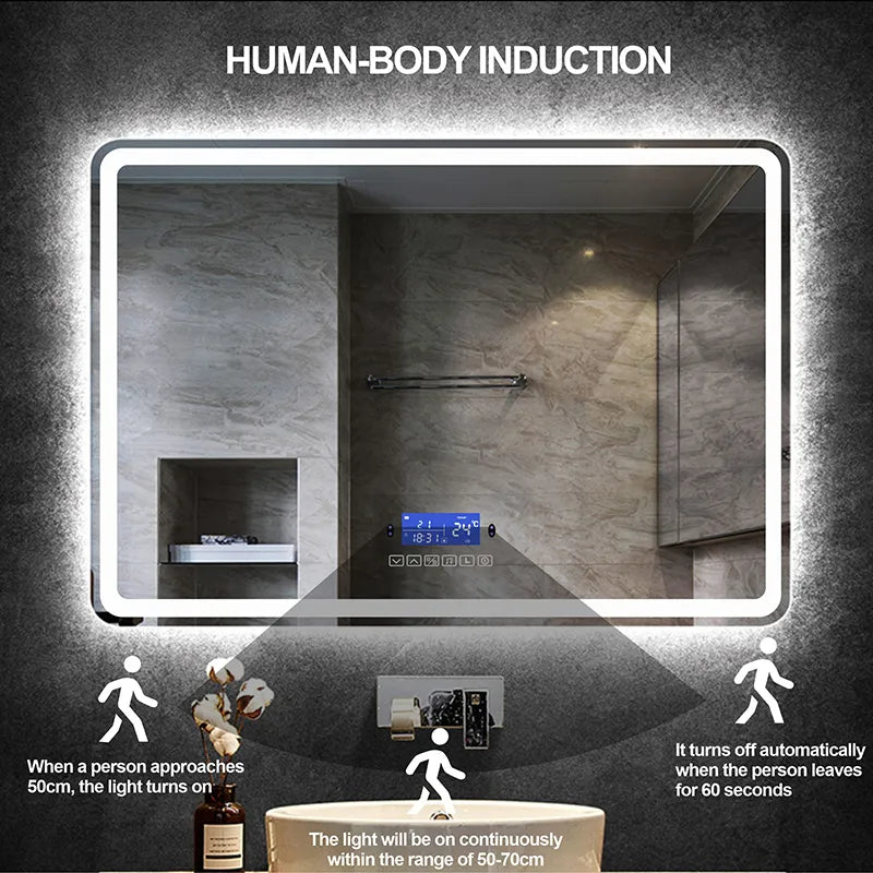 60x80cm Rectangle Bluetooth Smart Bathroom Makeup Mirror With LED Warm White Light Human Body Induction Anti-Fog Beauty Mirrors
