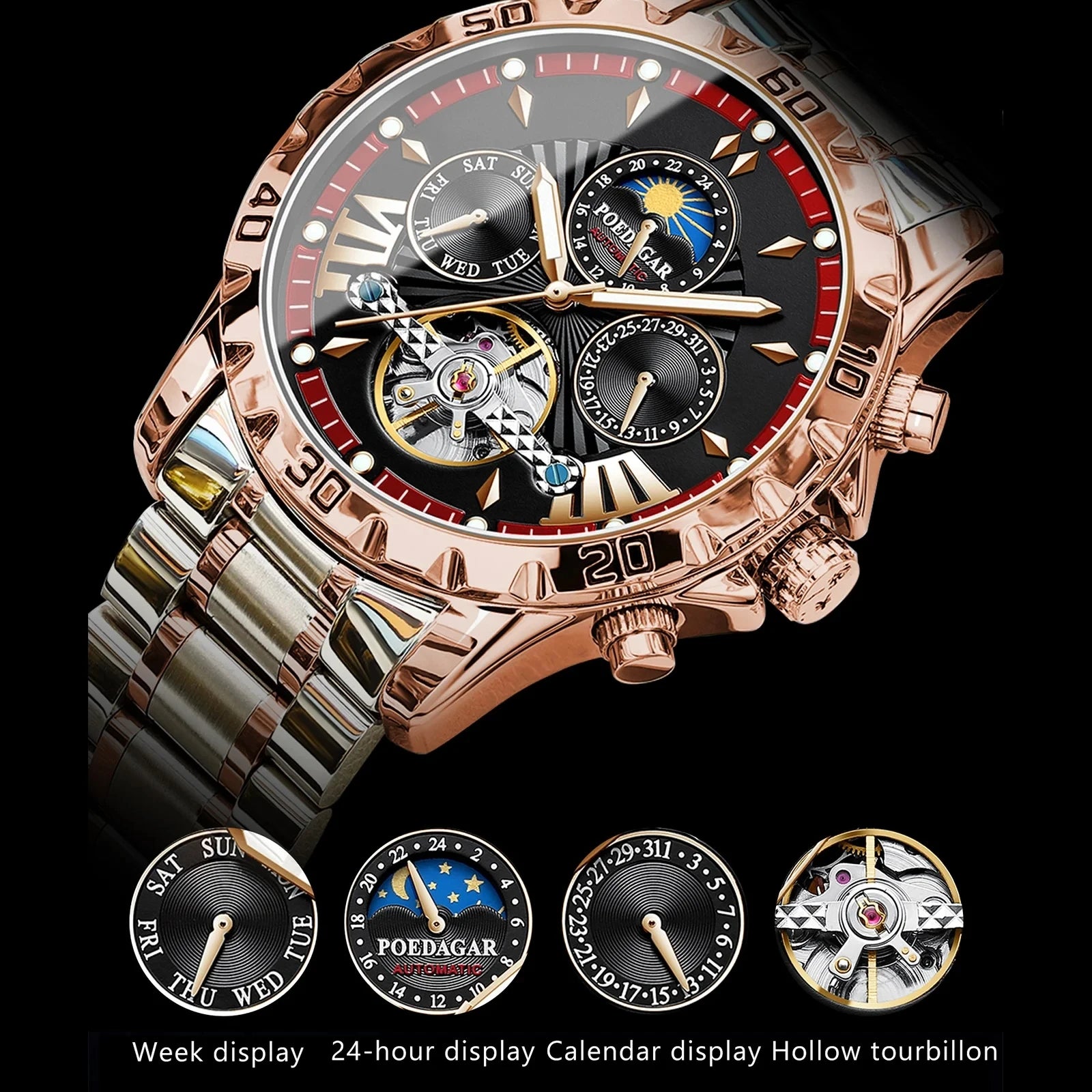 POEDAGAR 1410 Tourbillon Man Watch Waterproof Automatic Mechanical Watches for Men Luminous Multi-Function Men's Wrist Watches
