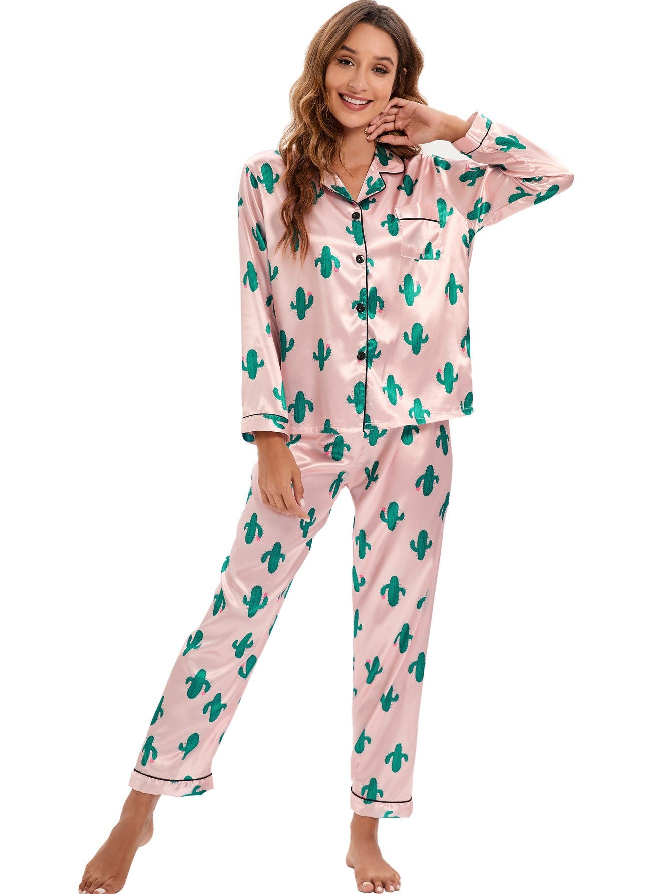 Womens New Arrival Homewear Pajamas Suit Pijamas Sexy Long Sleeve Silk Satin Pajama