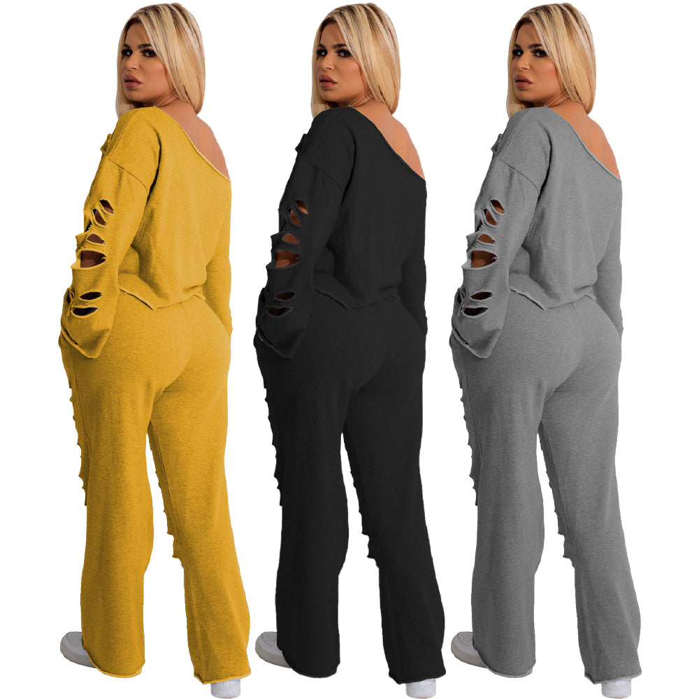 Trendy Women Clothes Women Outfits Elegant Cutout Holed Women's Set Long Sleeve Sweatshirt and Jogger Pants Set Cotton Adults - My Store