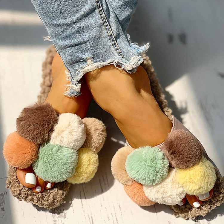 Summer Women Slippers Faux Fur Slides for Women Fluffy Slippers Female Shoes Outdoor Slippers Fur Pom Pon Furry Slides