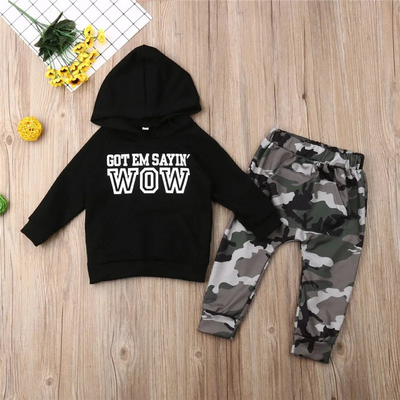 1-6t Boys Clothes Set Black Letter Boys Hooded Sweater Boys Hoodies Tops Camouflage Pants Set Children Boys Outfits
