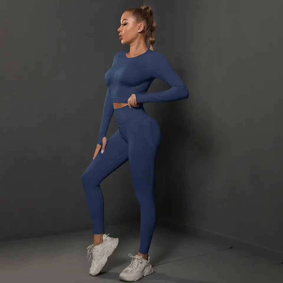Hot Selling New Custom Logo Plus Size Seamless Activewear Set Long Sleeved Top Leggings 2 Piece Set Custom Yoga Set
