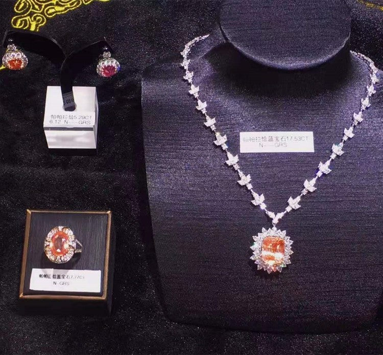 Royal Precious Luxury Wedding Jewellery Sri Lanka Natural Unheated Padparadscha Sapphire 18k Gold  Jewelry Set
