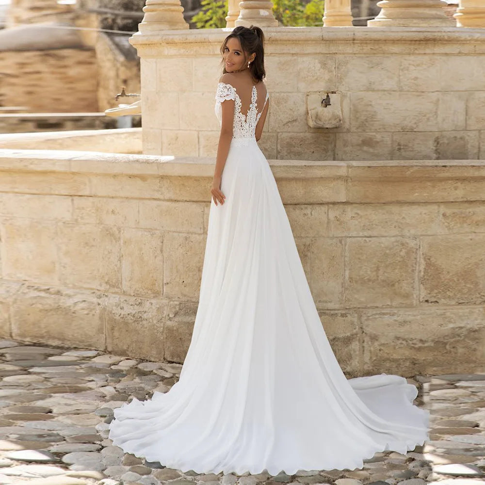 Sexy Off the Shoulder High Slit Light Wedding Dress 2021 Lace Boat Neck A-Line With Train Luxury Wedding Dresses Robe De Marie - My Store