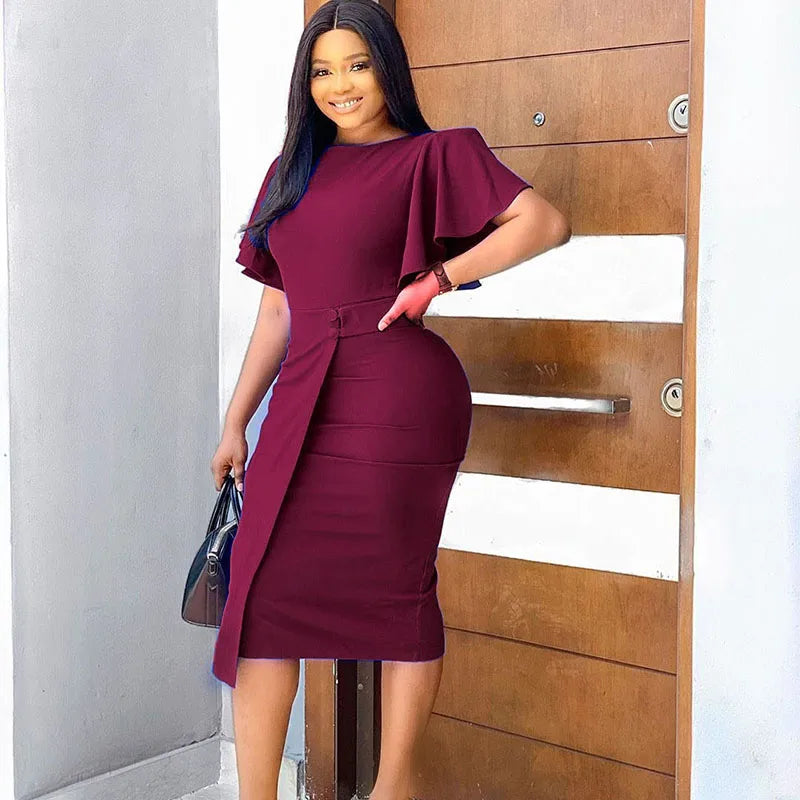 RNSHANGER Formal Dress Women Solid Color Split Hem Summer Slim Crew Neck Elegant Dresses for Women Wedding Party Dresses - My Store