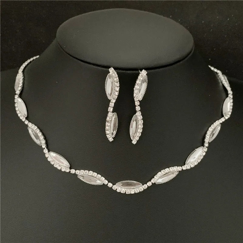Sexy Wave Bridal Choker Jewelry Set Silver Plated Rhinestone Crystal Necklace Earrings Women Wedding Jewerlry Set