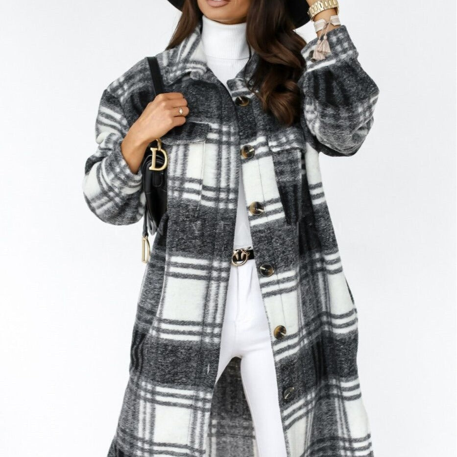 KaiChen  Printed Plaid Color Women's Cardigan Long Coat Turtleneck Warm Coat Long Coats Colorful