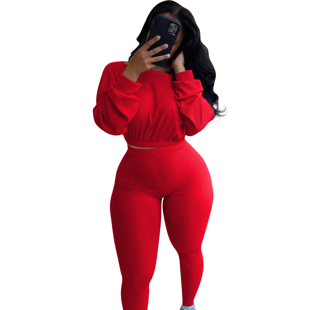 Spring Fall Ladies Clothing Multicolor 2 Piece Jogger Set Woman Boat Neck Elastic Band Casual Rib Activewear Pants Set