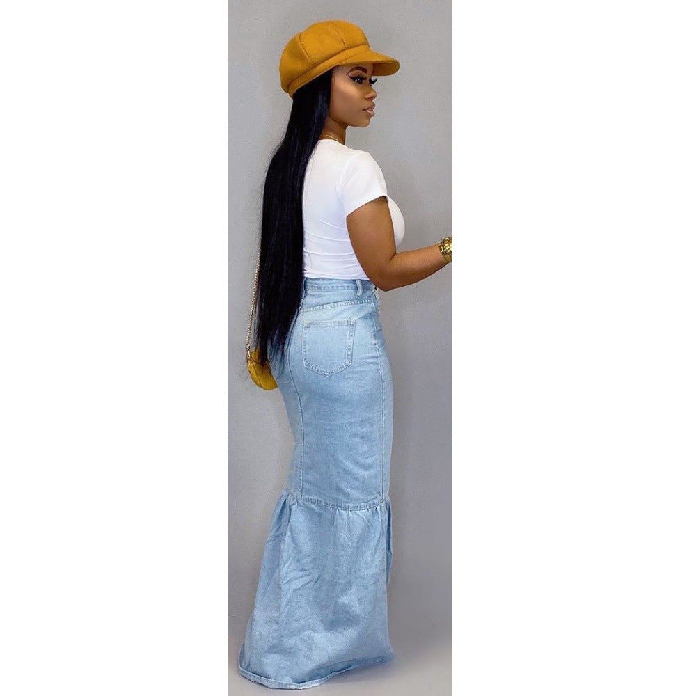 New Product Wholesale Long Denim Skirts Slim Flower Denim Skirt Ladies  Denim Skirt