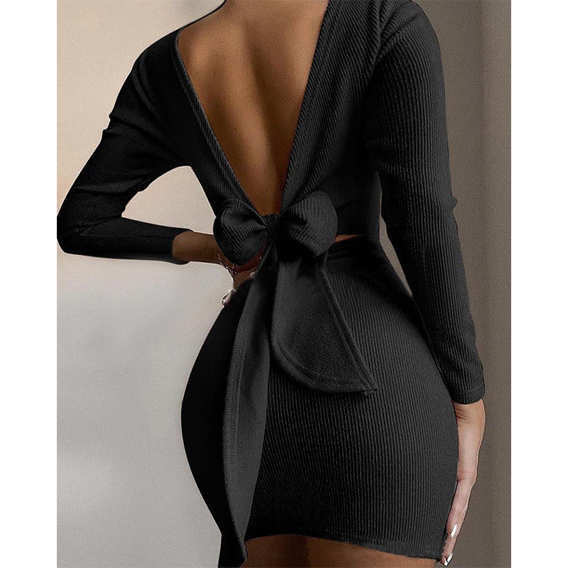 Fall Women Clothes Bow Knot Backless Long Sleeved Mini Dress Womens Dresses Casual Dresses