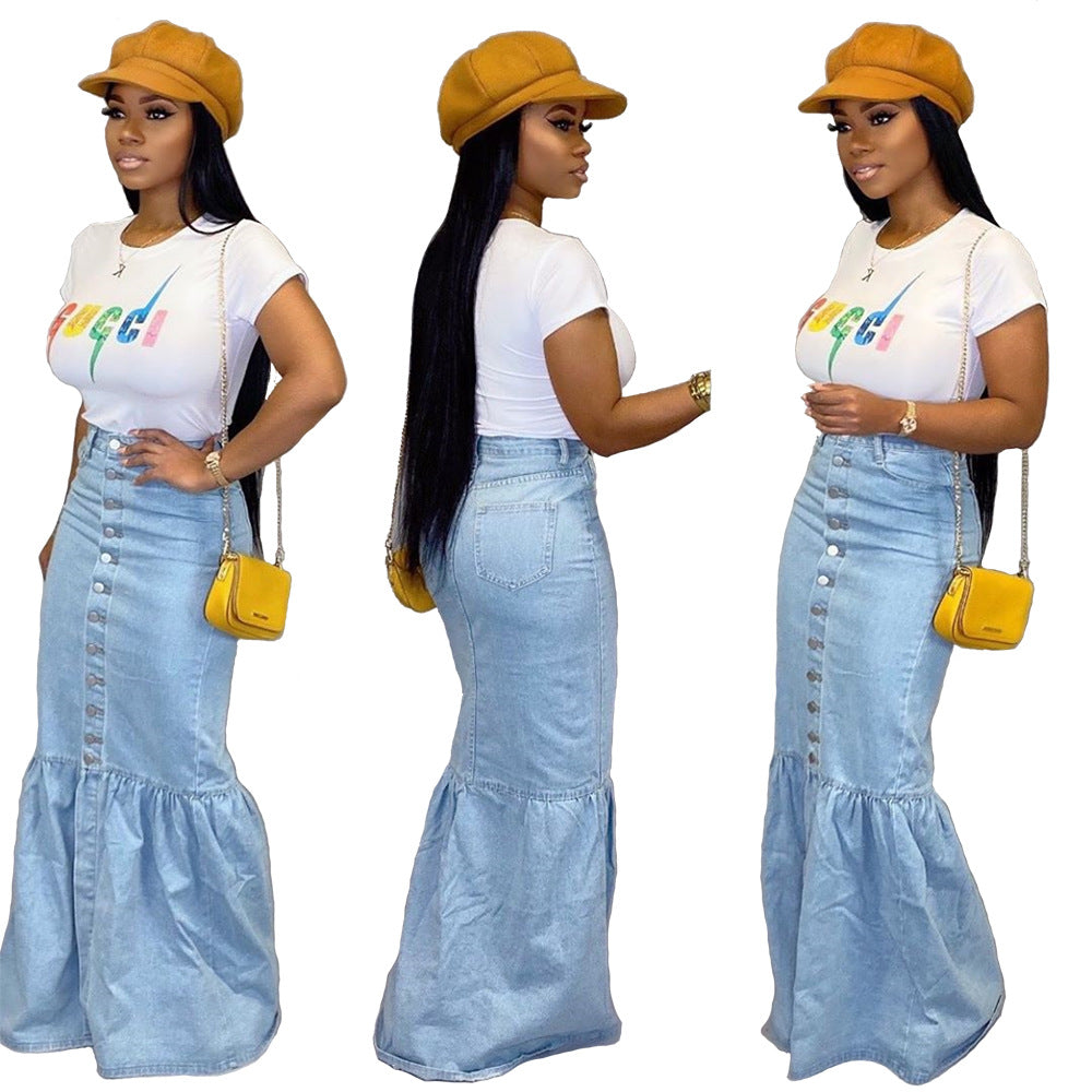 New Product Wholesale Long Denim Skirts Slim Flower Denim Skirt Ladies  Denim Skirt