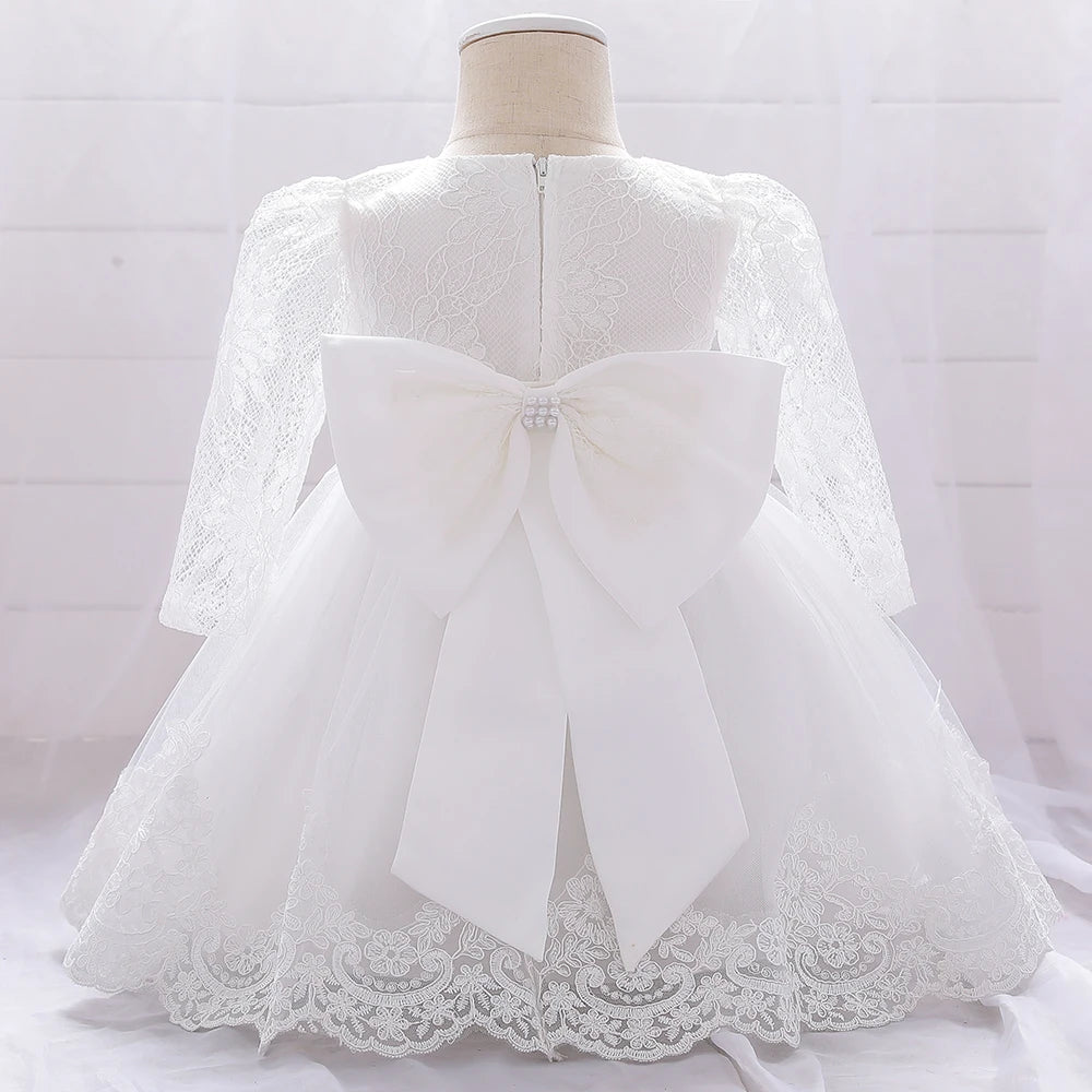 Baby Girl Dresses Party and Wedding Newborn Girl Long Sleeve Lace Dresses With Big Bow Infant Girl 1st Birthday Princess Dress - My Store