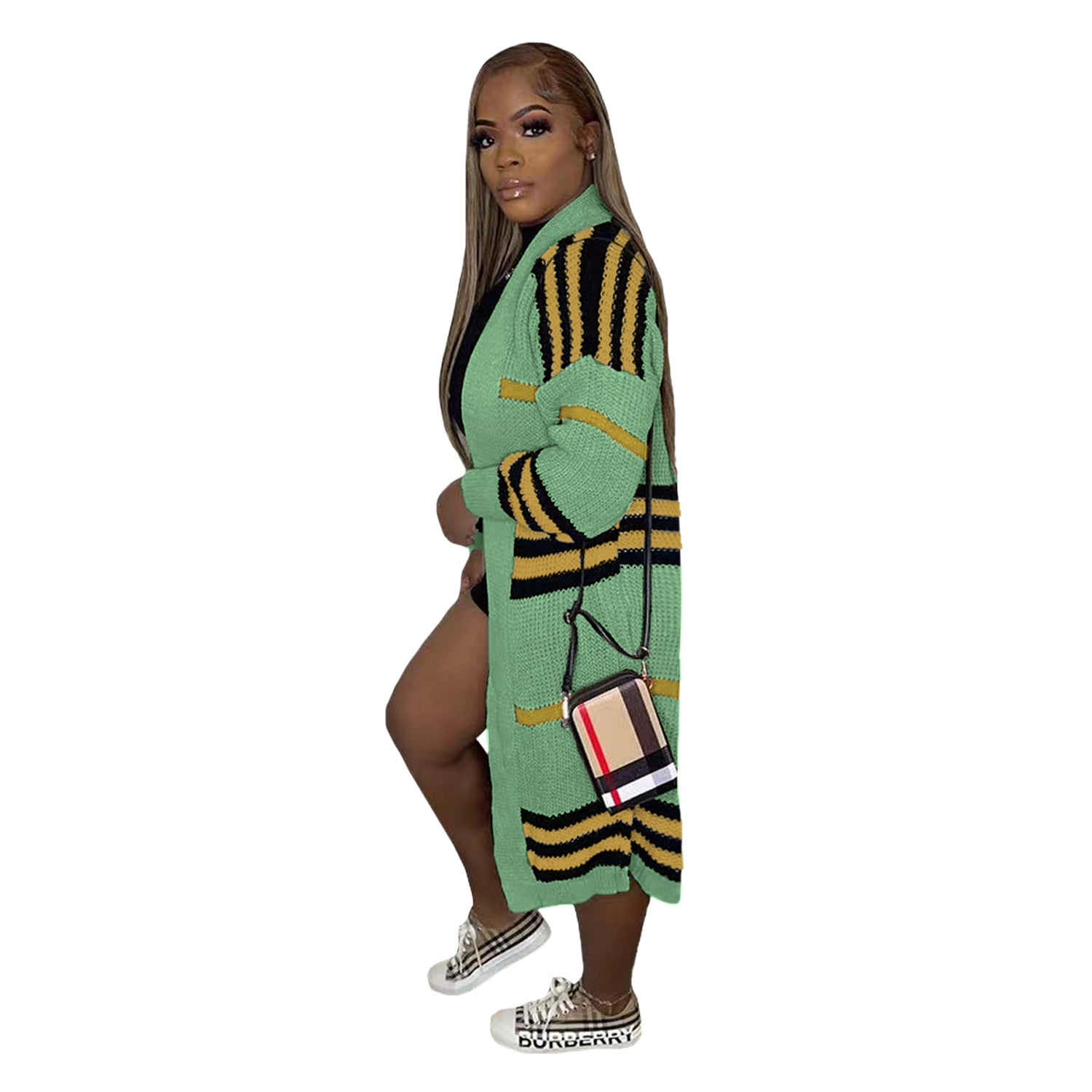 Women Coat Plus Size L-3xl Wear Out Knitted Striped Long Coat   Casual Cardigan Coats for Adult
