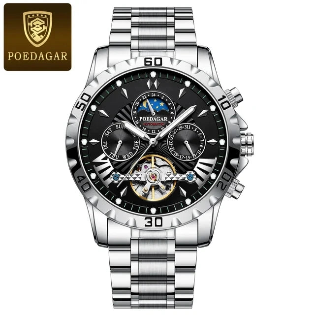 POEDAGAR 1410 Tourbillon Man Watch Waterproof Automatic Mechanical Watches for Men Luminous Multi-Function Men's Wrist Watches