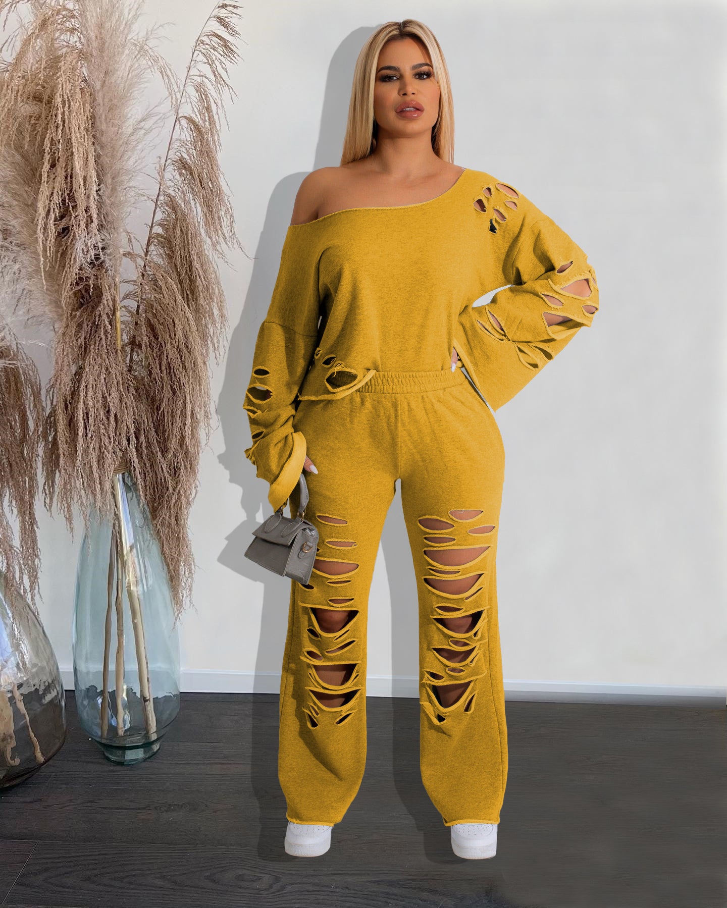 Trendy Women Clothes Women Outfits Elegant Cutout Holed Women's Set Long Sleeve Sweatshirt and Jogger Pants Set Cotton Adults - My Store