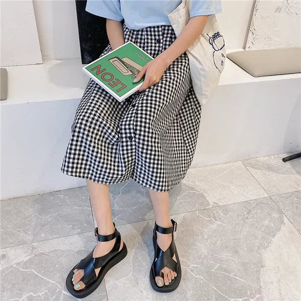 COOTELILI Women Summer Sandals Beach Sandals Fashion Flats Shoes  New Sandal Non-Slip Flat Sandals Buckle Black and White