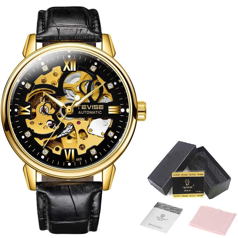 Dropshipping Men Watches TEVISE T869 Hollow Skeleton Automatic Watch Men Luminous Mechanical Watches Leather Strap Wristwatches