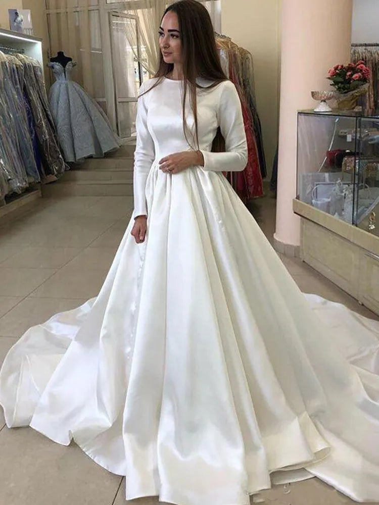 LORIE Princess Wedding Dresses Satin Long Sleeve Muslim Wedding Bride Dress White Wedding Gowns Vestido De Novia Customized - My Store